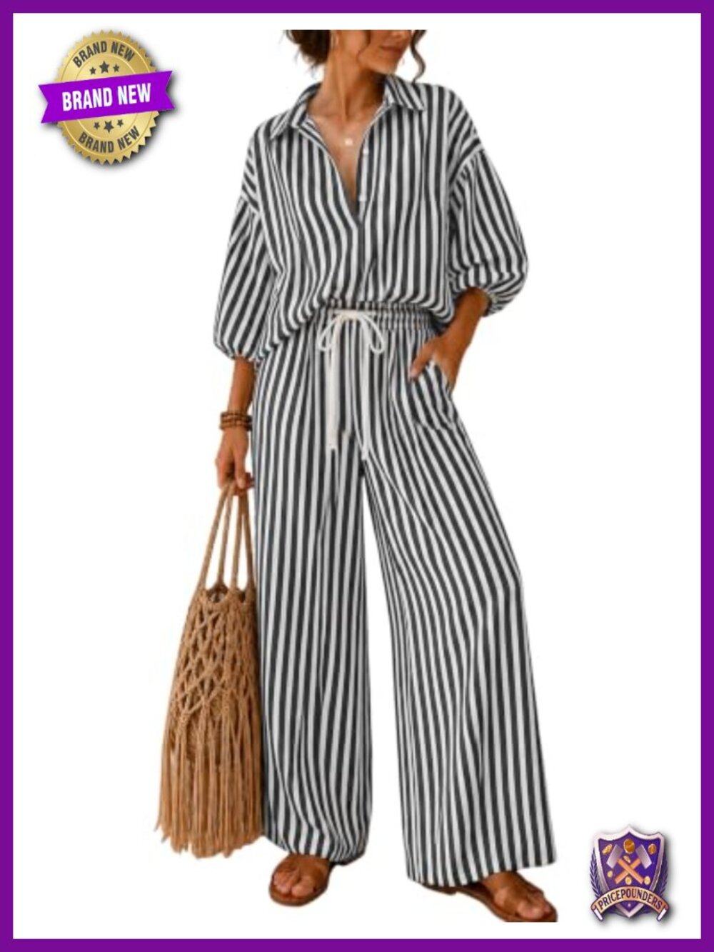Tanming Women's V-Neck Button Down Striped 2-Piece Pant Set Wide Leg Lounge